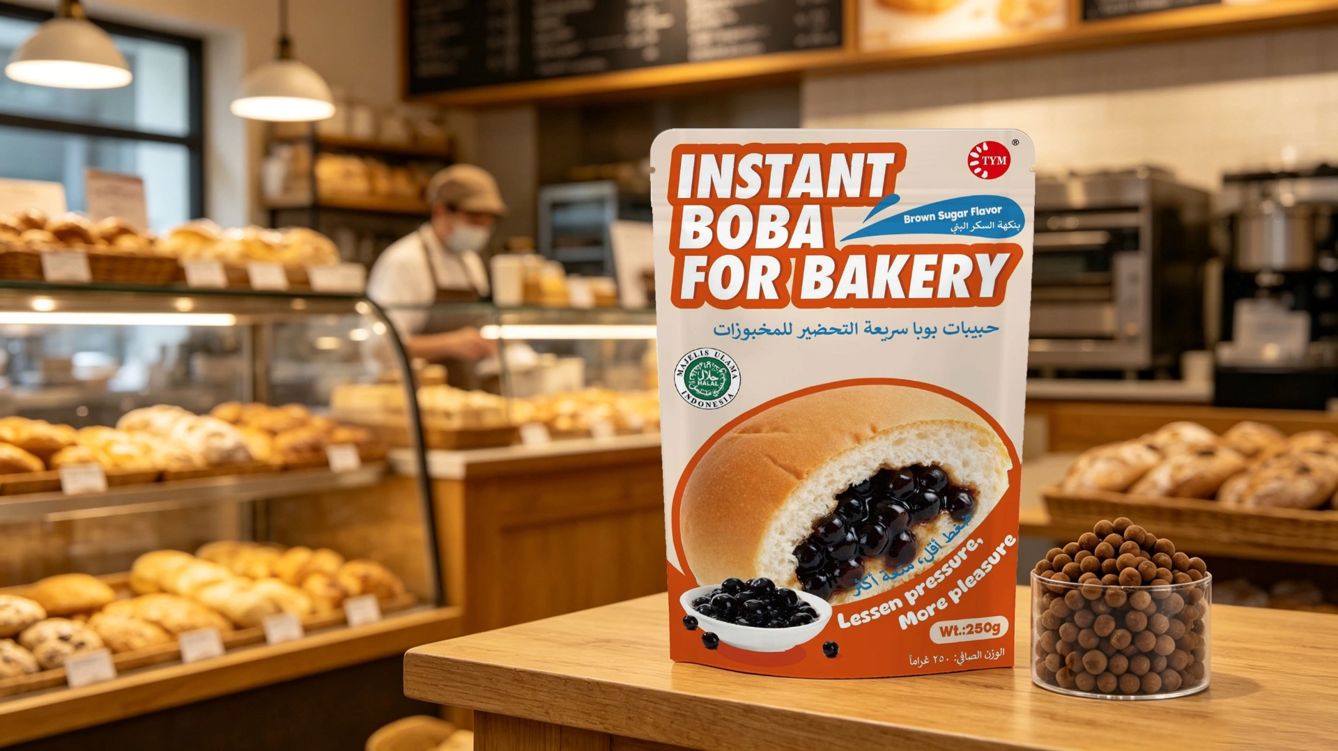 Instant boba for bakery and ice-cream applications displayed in a bakery